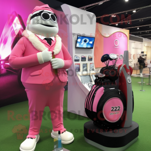 Pink Golf Bag mascot costume character dressed with a Suit and Smartwatches