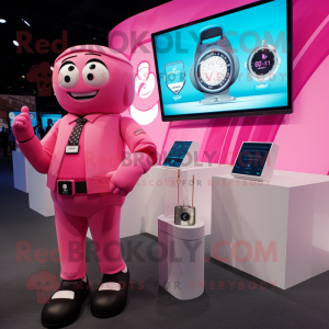 Pink Golf Bag mascot costume character dressed with a Suit and Smartwatches