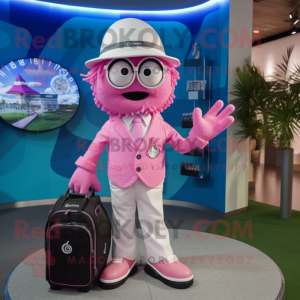 Pink Golf Bag mascot costume character dressed with a Suit and Smartwatches