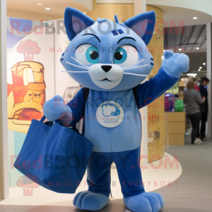 Blue Cat mascot costume character dressed with a Cover-up and Tote bags
