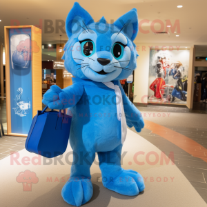 Blue Cat mascot costume character dressed with a Cover-up and Tote bags