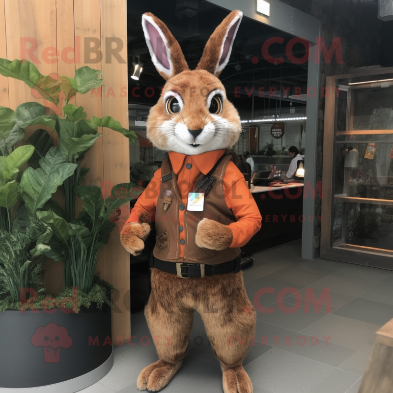 Rust Wild Rabbit mascot costume character dressed with a Vest and Cummerbunds