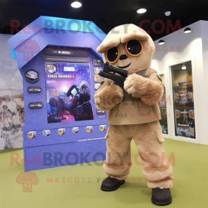 Beige Sniper mascot costume character dressed with a Ball Gown and Digital watches