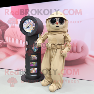 Beige Sniper mascot costume character dressed with a Ball Gown and Digital watches
