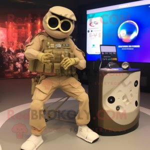 Beige Sniper mascot costume character dressed with a Ball Gown and Digital watches