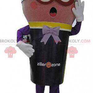 Giant pink and black microphone mascot looking surprised -