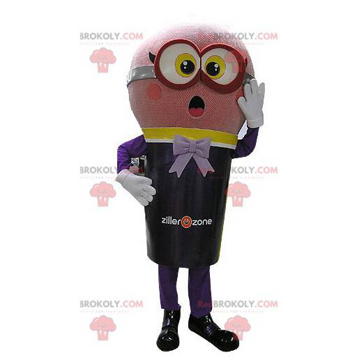 Mascotte gigante del microfono rosa e nero che sembra sorpresa