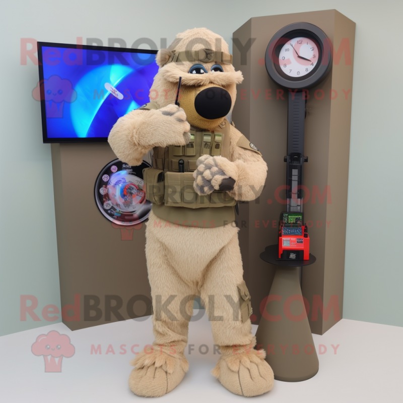 Beige Sniper mascot costume character dressed with a Ball Gown and Digital watches