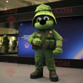 Green Special Air Service mascot costume character dressed with a Romper and Foot pads