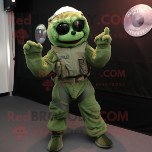 Green Special Air Service mascot costume character dressed with a Romper and Foot pads