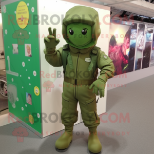 Green Special Air Service mascot costume character dressed with a Romper and Foot pads