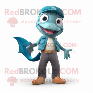 Teal Salmon mascot costume character dressed with a Jeans and Belts
