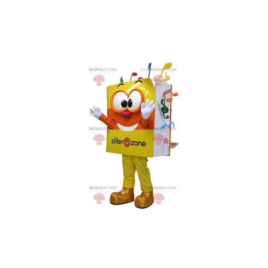 Mascota de libro musical amarillo y naranja muy sonriente -