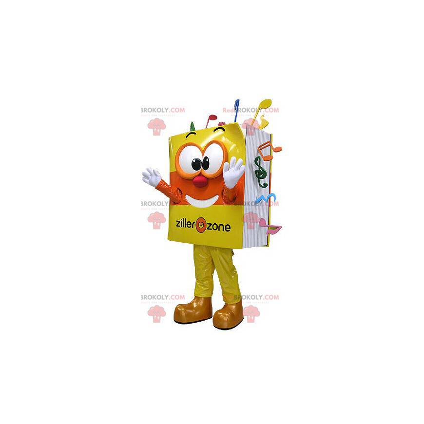 Mascotte de livre musicale jaune et orange très souriant -