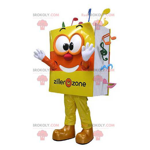 Mascota de libro musical amarillo y naranja muy sonriente -