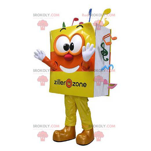 Very smiling yellow and orange musical book mascot -