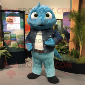 Teal Salmon mascot costume character dressed with a Jeans and Belts