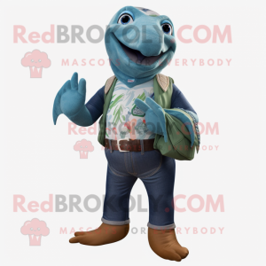 Teal Salmon mascot costume character dressed with a Jeans and Belts