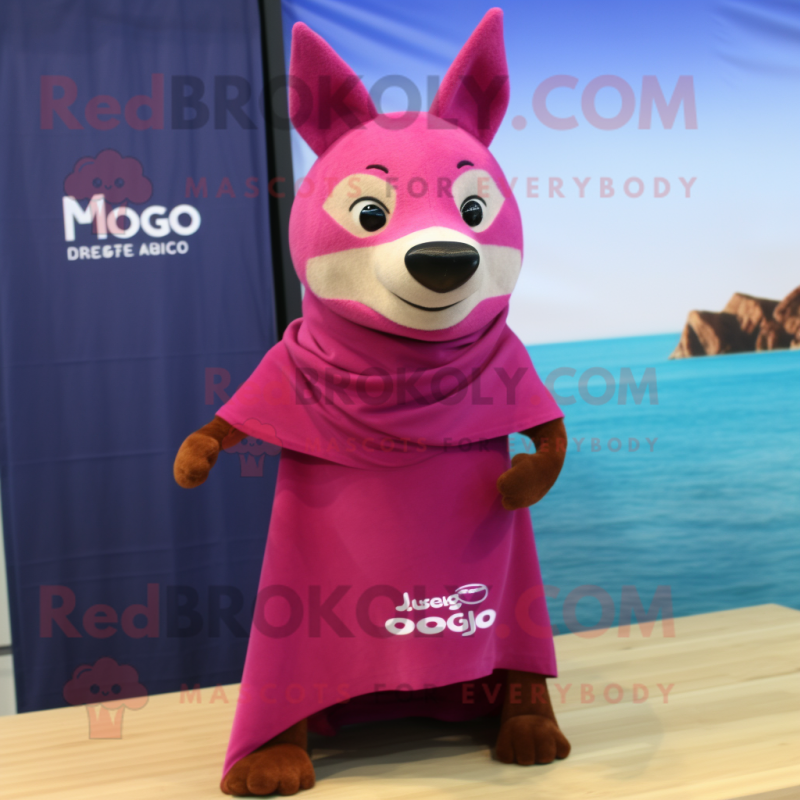 Magenta Dingo mascot costume character dressed with a Swimwear and Shawl pins