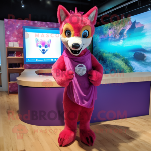 Magenta Dingo mascot costume character dressed with a Swimwear and Shawl pins