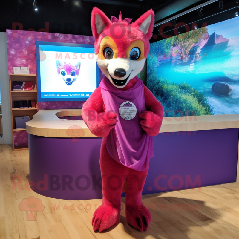 Magenta Dingo mascot costume character dressed with a Swimwear and Shawl pins