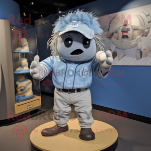 Silver Baseball Glove mascot costume character dressed with a Chambray Shirt and Hairpins