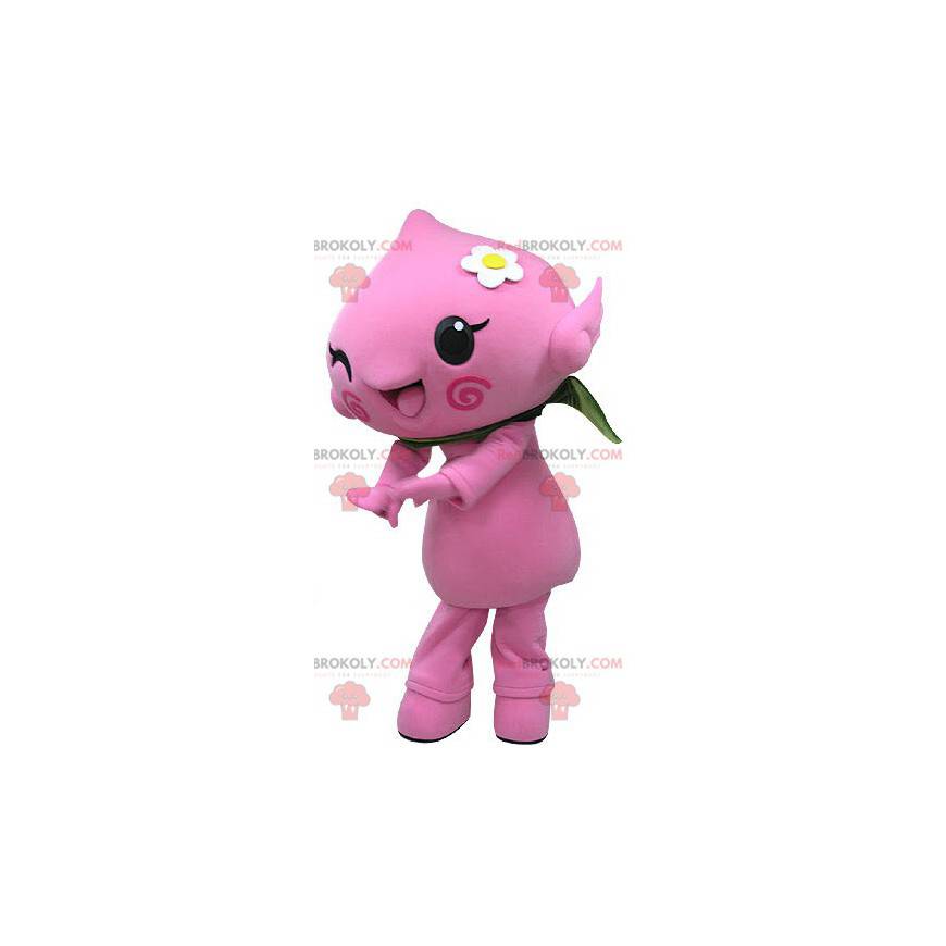 Mascota de muñeco de nieve rosa. Mascota de la flor rosa -