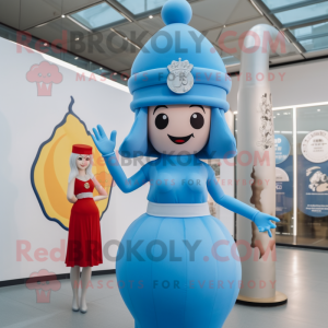 Sky Blue Queen mascot costume character dressed with a One-Piece Swimsuit and Berets