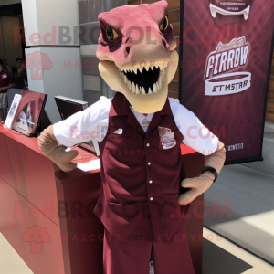 Maroon Allosaurus mascot costume character dressed with a Tank Top and Lapel pins