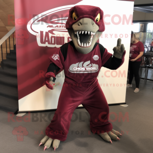 Maroon Allosaurus mascot costume character dressed with a Tank Top and Lapel pins