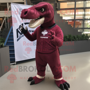 Maroon Allosaurus mascot costume character dressed with a Tank Top and Lapel pins