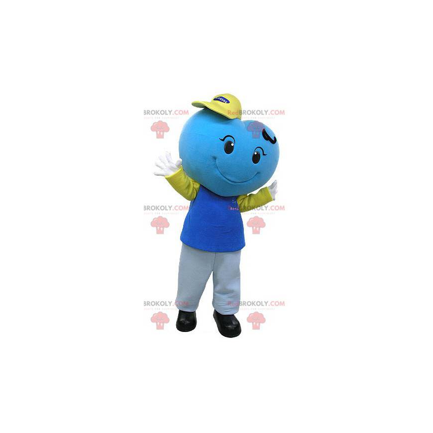 Mascote gigante e sorridente com coração azul - Redbrokoly.com