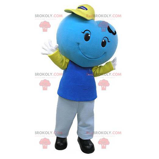 Mascote gigante e sorridente com coração azul - Redbrokoly.com