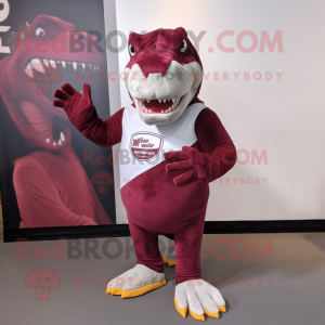 Maroon Allosaurus mascot costume character dressed with a Tank Top and Lapel pins