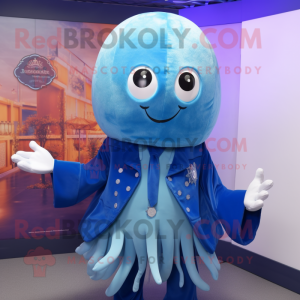 Blue Jellyfish mascot costume character dressed with a Waistcoat and Gloves