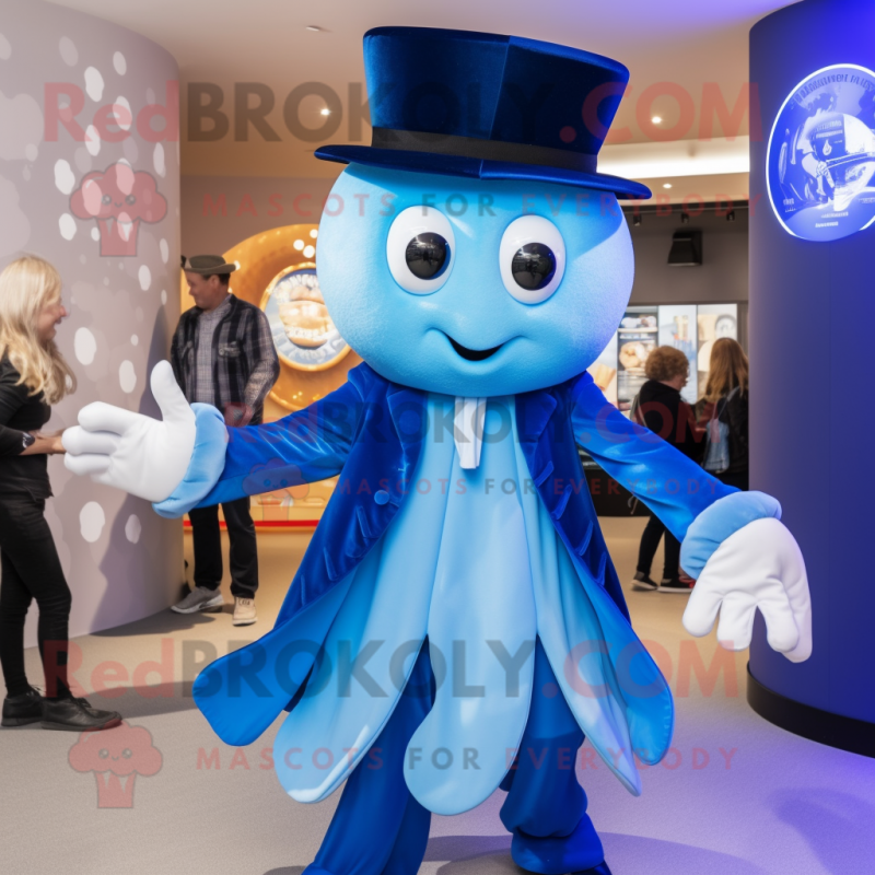 Blue Jellyfish mascot costume character dressed with a Waistcoat and Gloves