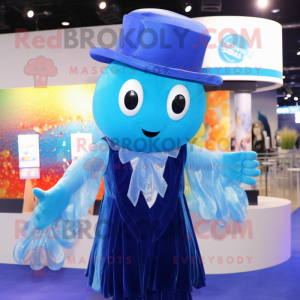 Blue Jellyfish mascot costume character dressed with a Waistcoat and Gloves