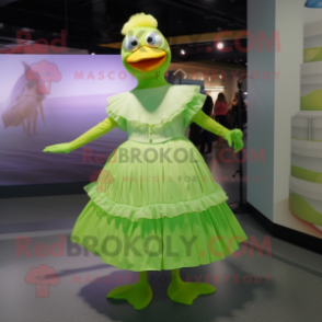 Lime Green Seagull mascot costume character dressed with a Pleated Skirt and Cummerbunds