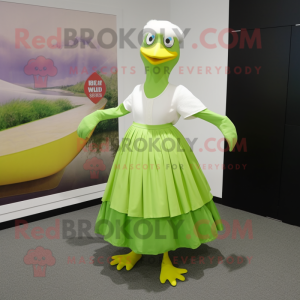 Lime Green Seagull mascot costume character dressed with a Pleated Skirt and Cummerbunds