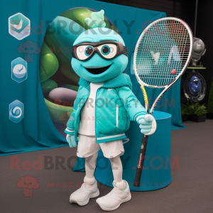 Teal Tennis Racket mascot costume character dressed with a Moto Jacket and Tote bags