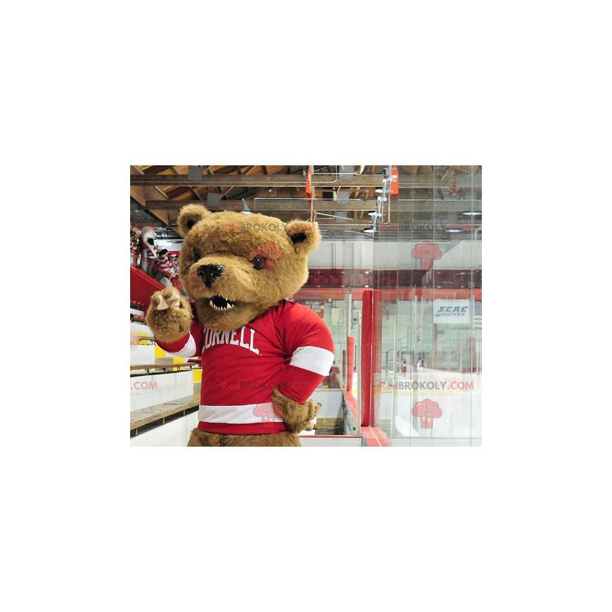 Mascotte dell'orso bruno con un maglione rosso e bianco -