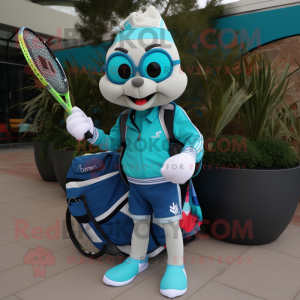 Teal Tennis Racket mascot costume character dressed with a Moto Jacket and Tote bags