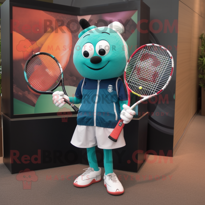 Teal Tennis Racket mascot costume character dressed with a Moto Jacket and Tote bags Teal Tennis Racket mascot costume character dressed with a Moto Jacket and Tote bags
