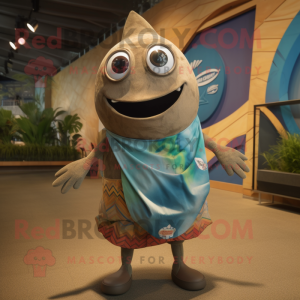 Tan Tuna mascot costume character dressed with a Swimwear and Wraps