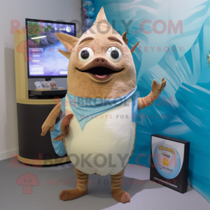 Tan Tuna mascot costume character dressed with a Swimwear and Wraps