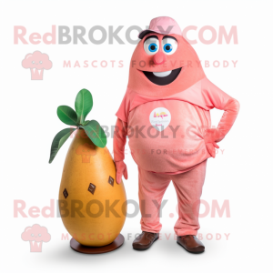 Pink Mango mascot costume character dressed with a Henley Shirt and Cummerbunds