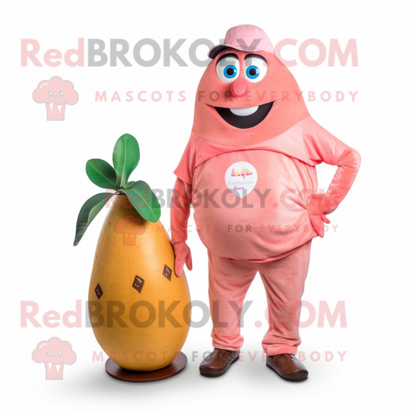Pink Mango mascot costume character dressed with a Henley Shirt and Cummerbunds Pink Mango mascot costume character dressed with a Henley Shirt and Cummerbunds