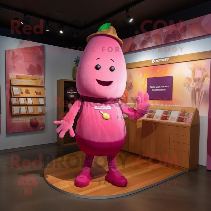 Pink Mango mascot costume character dressed with a Henley Shirt and Cummerbunds