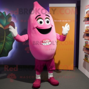 Pink Mango mascot costume character dressed with a Henley Shirt and Cummerbunds