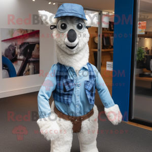 Blue Alpaca mascot costume character dressed with a Oxford Shirt and Hats